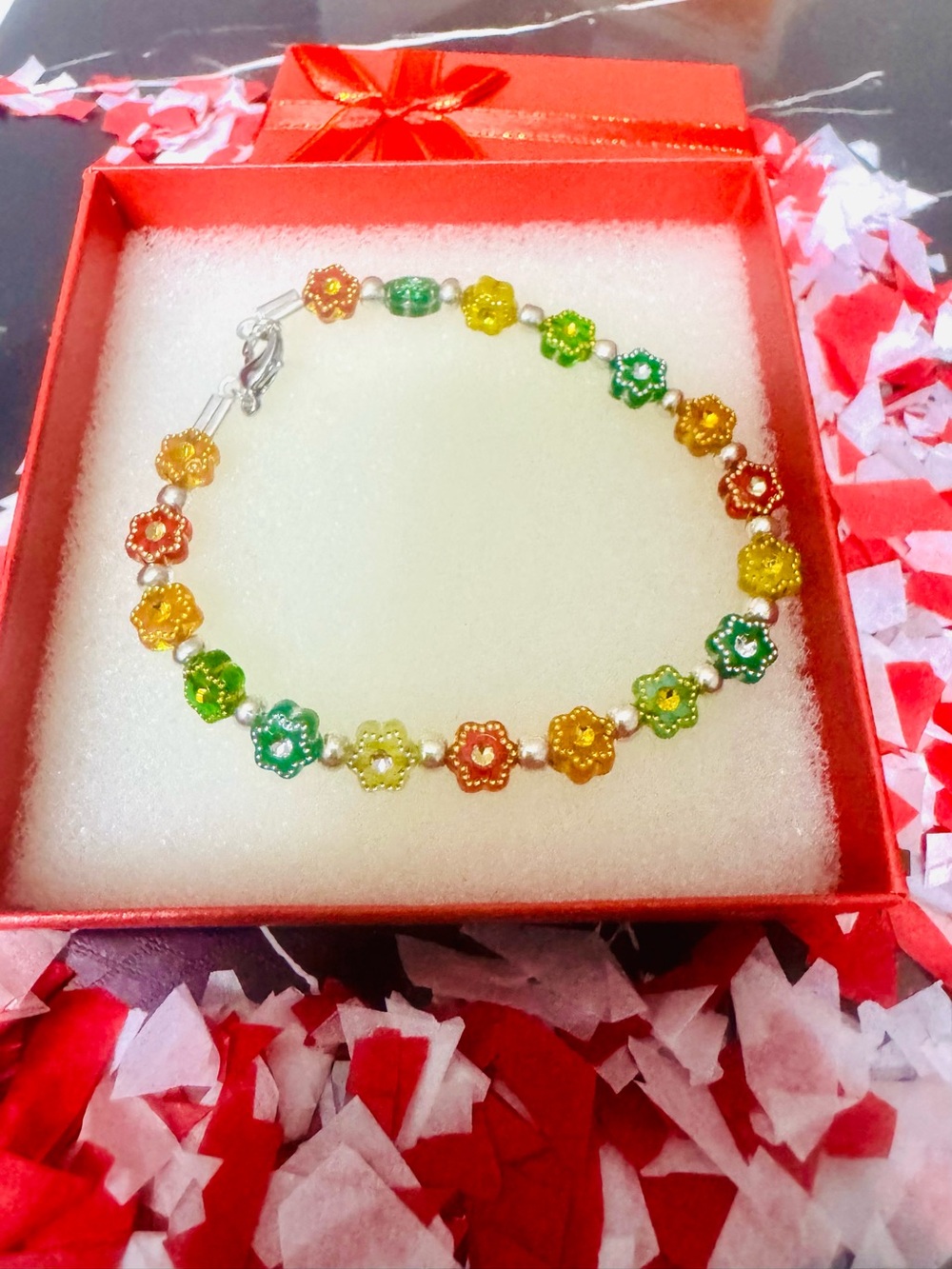 Multicolor Floral Bead Bracelet — Green, Yellow & Orange